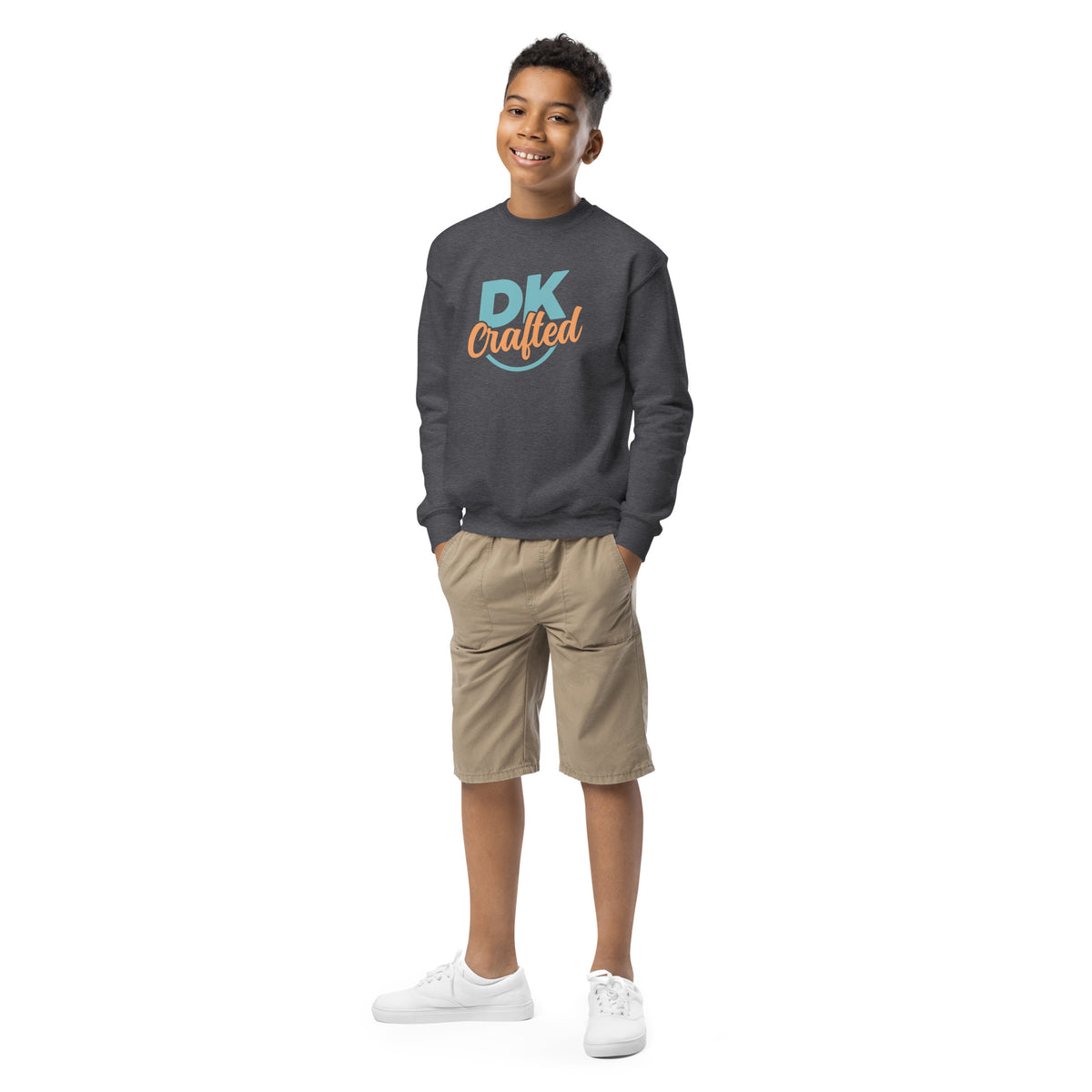 Youth crewneck sweatshirt, Dark Heather, front view