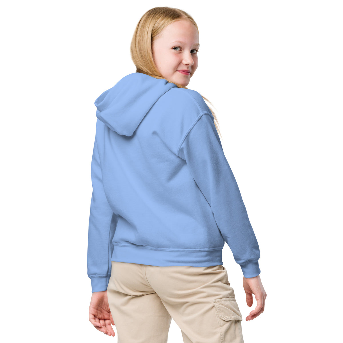 Youth heavy blend hoodie, Carolina Blue, back view