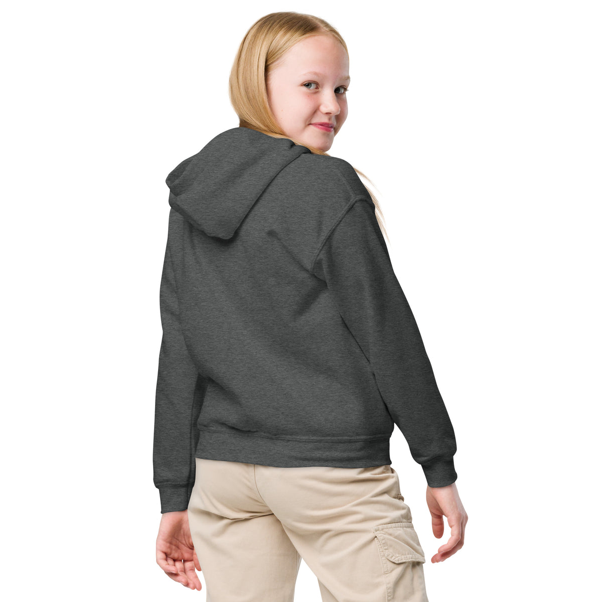 Youth heavy blend hoodie, Dark Heather, back view