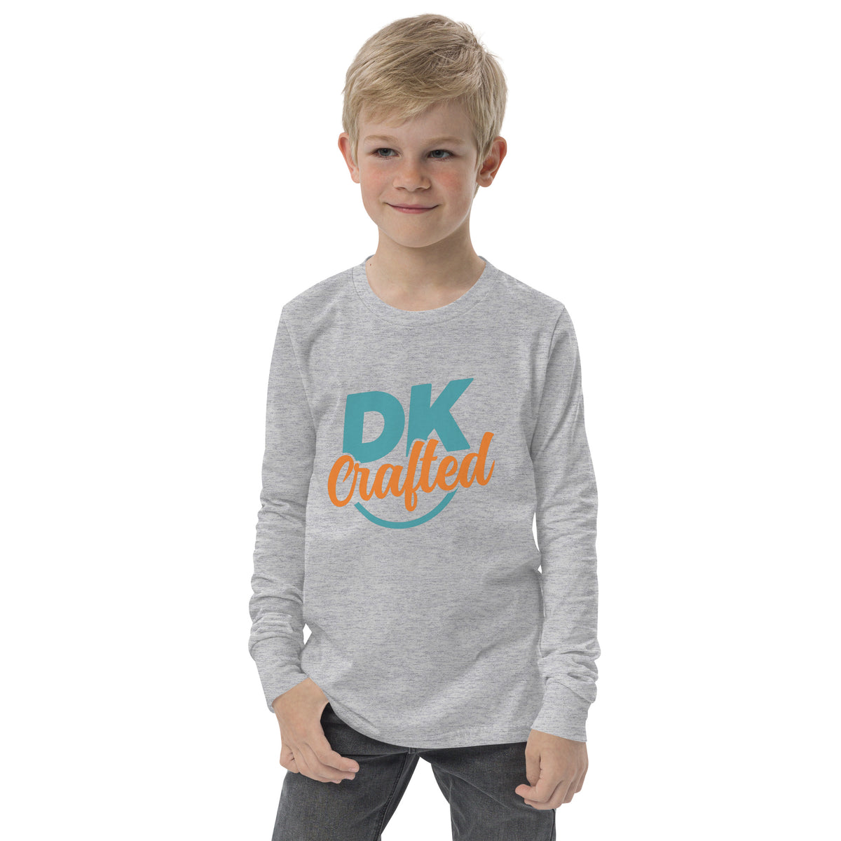 Youth long sleeve tee, Athletic Heather, front view