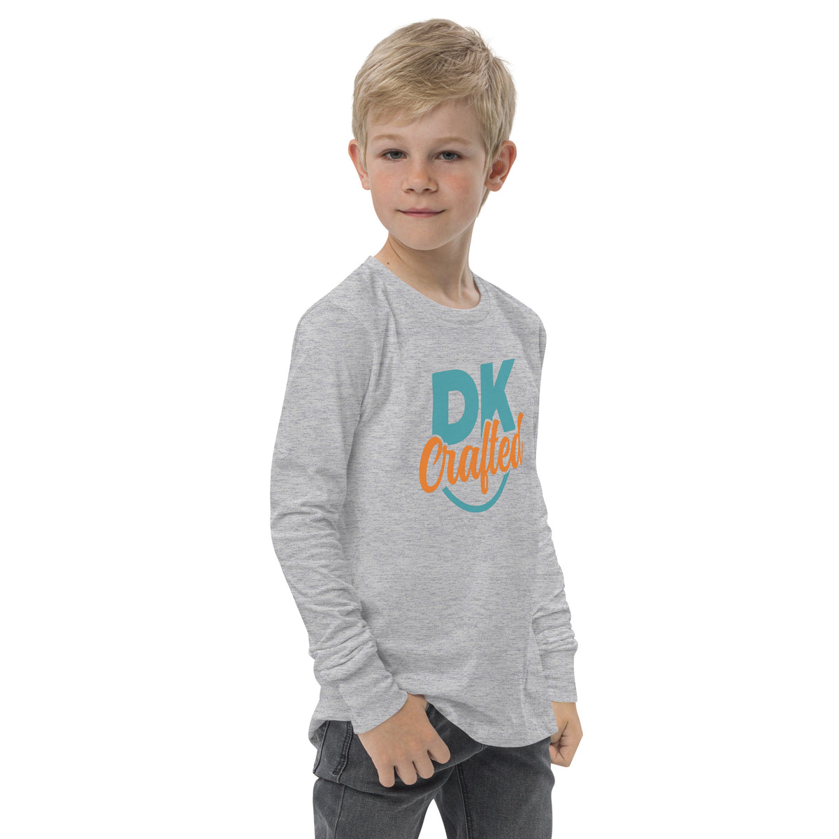 Youth long sleeve tee, Athletic Heather, right-front view