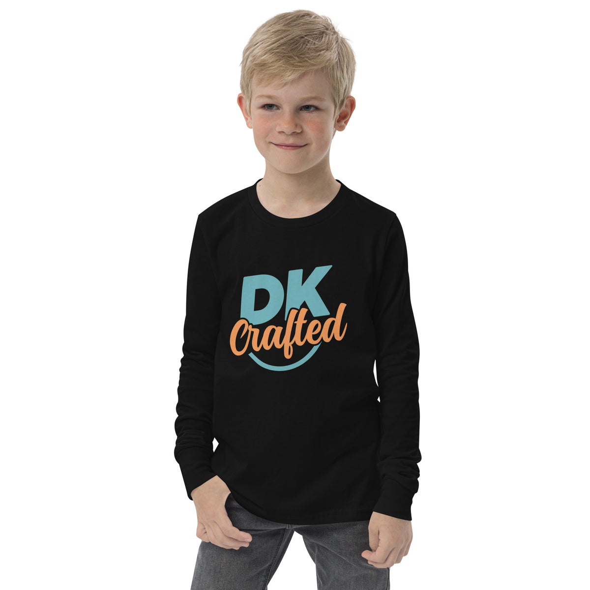 Youth long sleeve tee, Black, front view