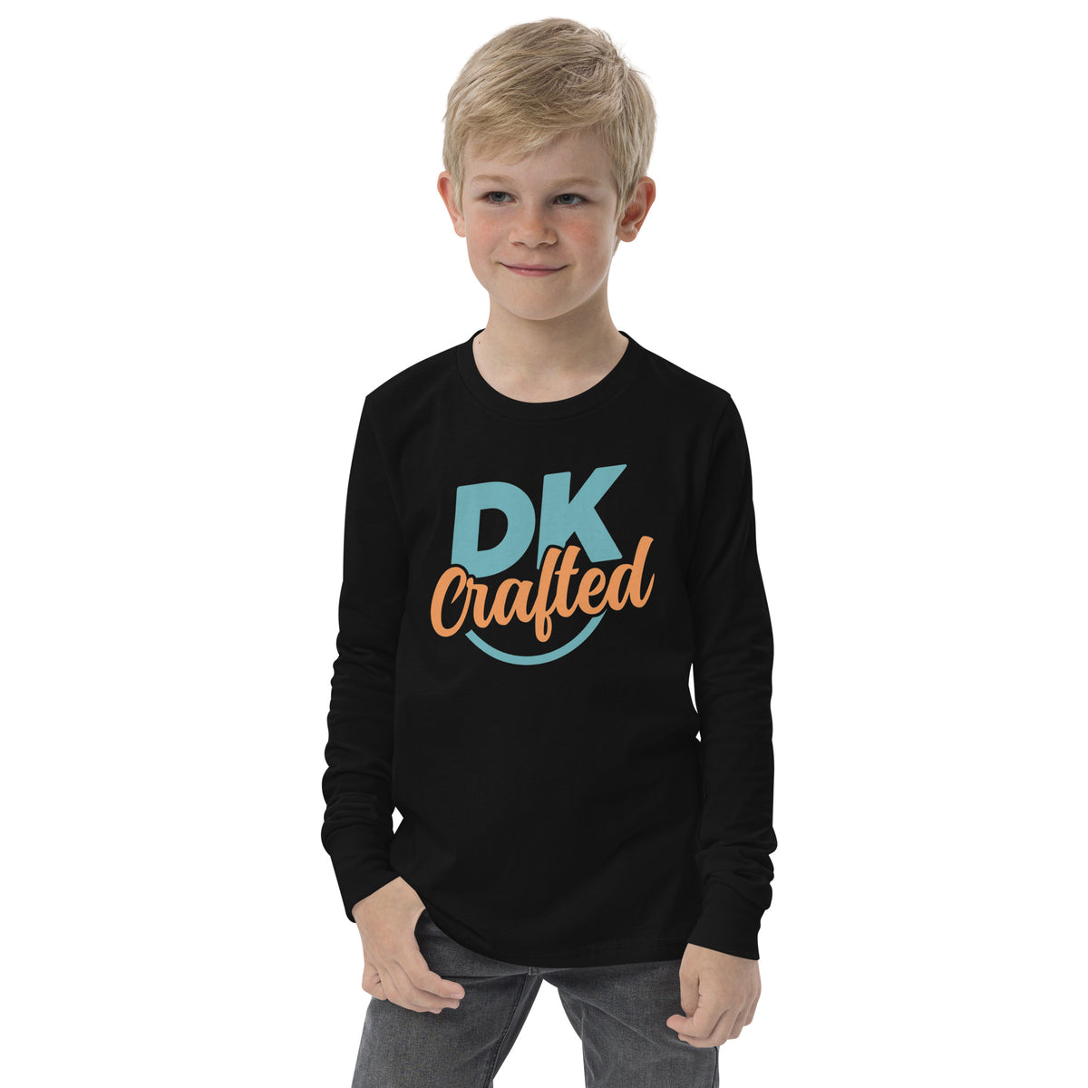 Youth long sleeve tee, Black, front view
