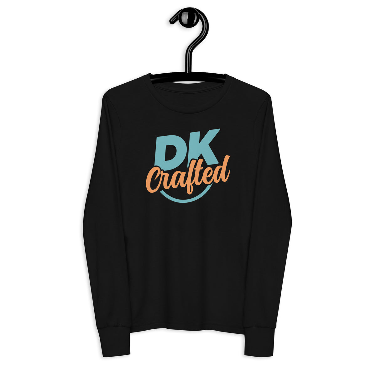 Youth long sleeve tee, Black, front view