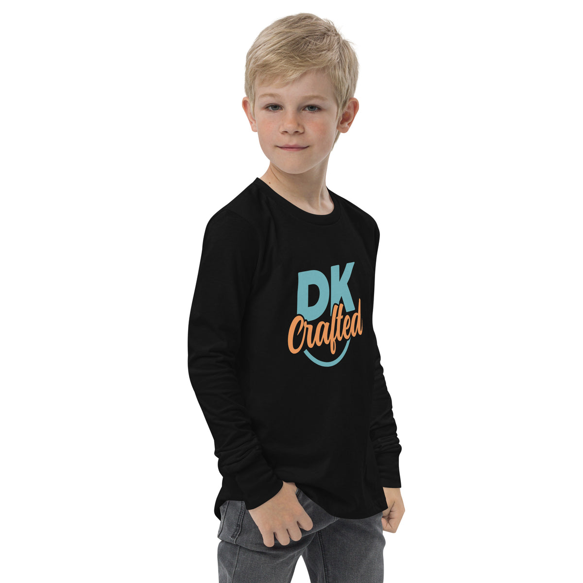 Youth long sleeve tee, Black, right front view