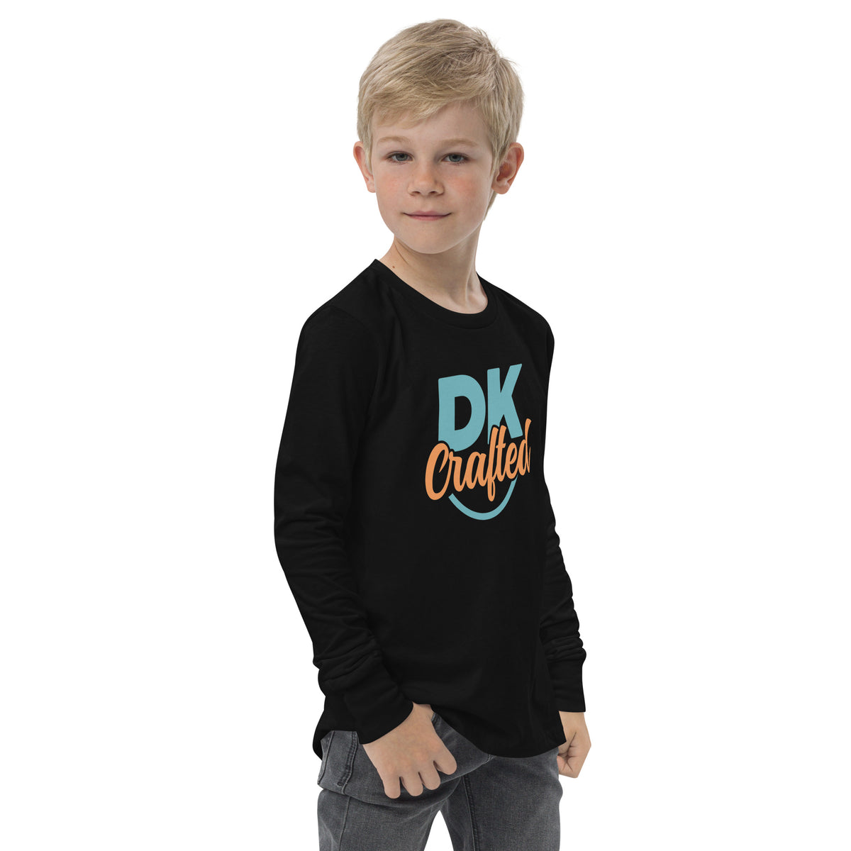 Youth long sleeve tee, Black, right-front view