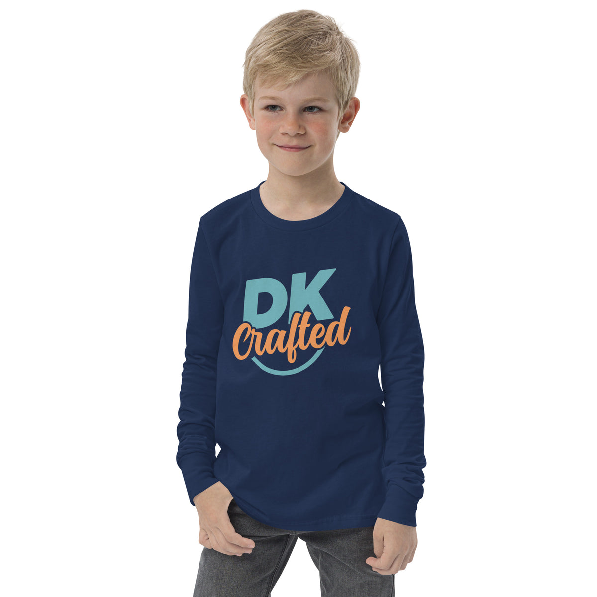 Youth long sleeve tee, Navy, front view