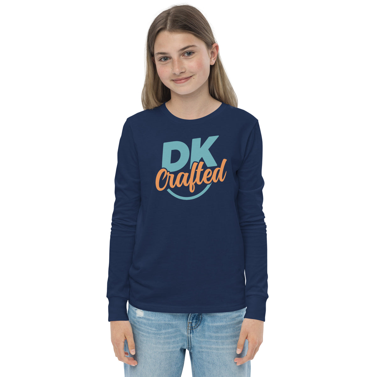 Youth long sleeve tee, Navy, front view
