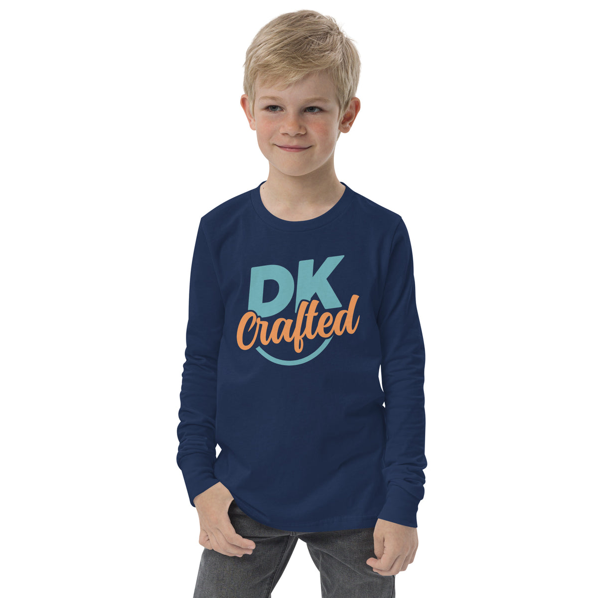 Youth long sleeve tee, Navy, front view