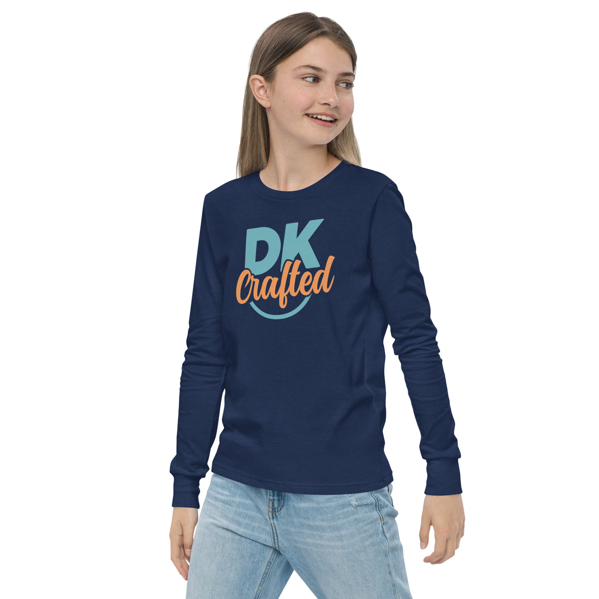 Youth long sleeve tee, Navy, left-front view