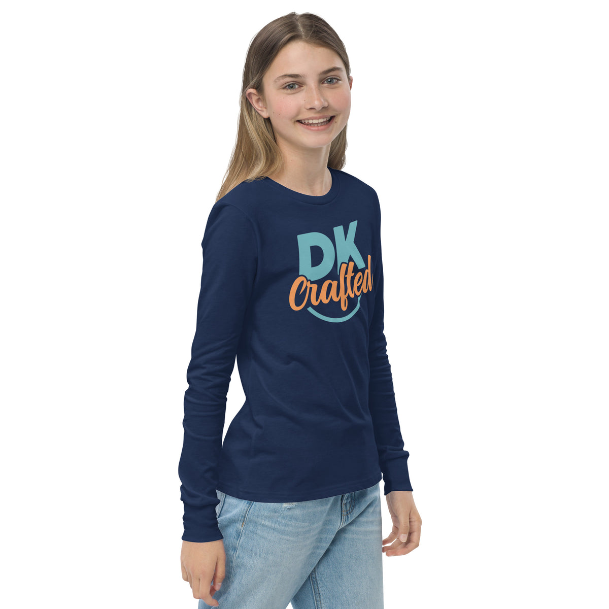 Youth long sleeve tee, Navy, right-front view