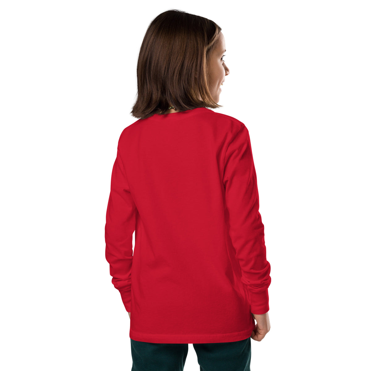Youth long sleeve tee, Red, back view
