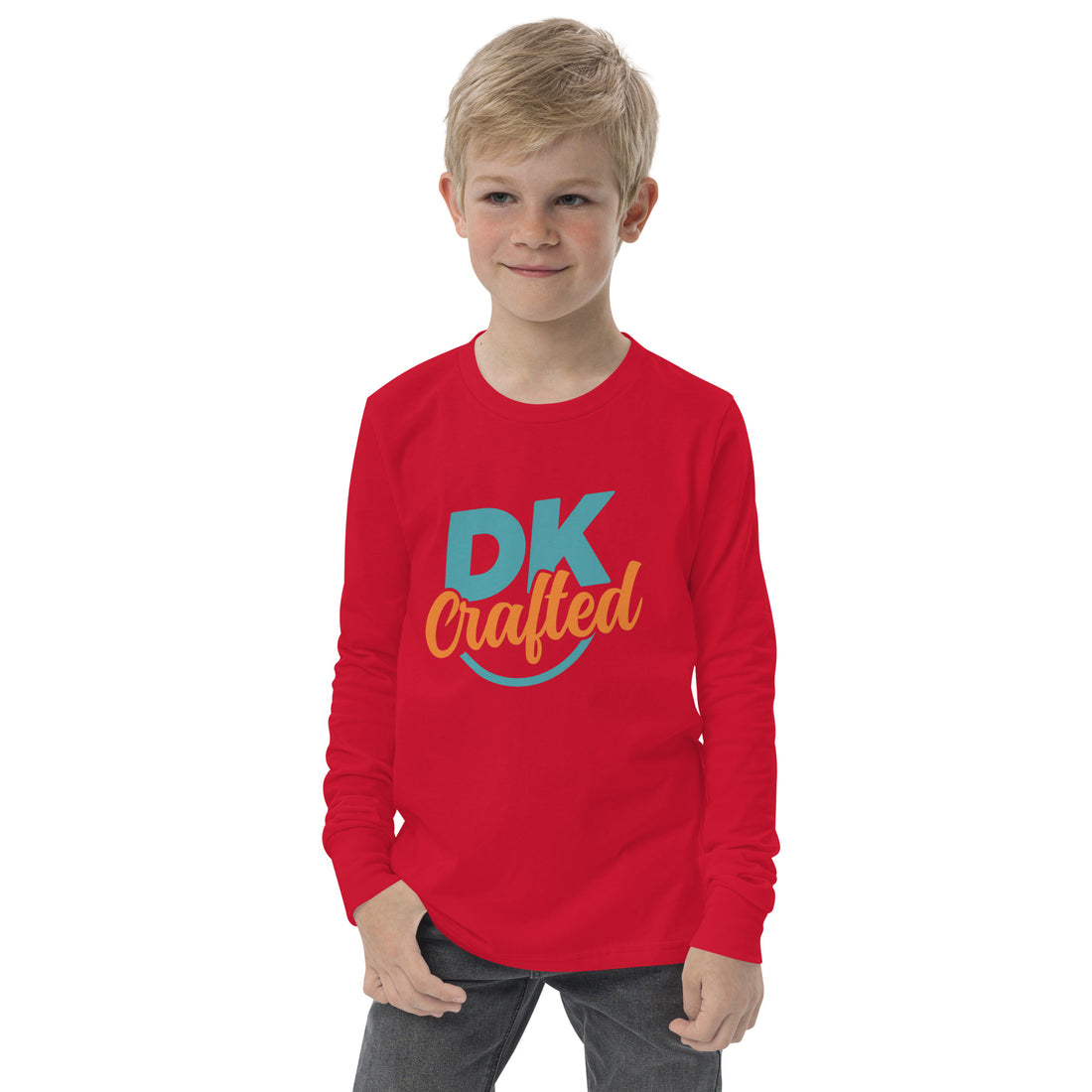 Youth long sleeve tee, Red, front view