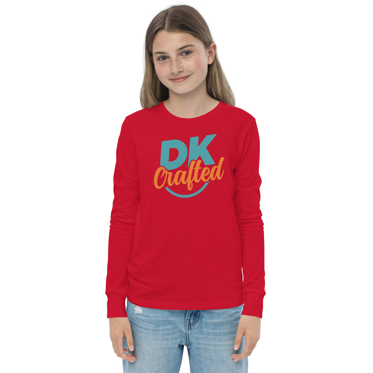 Youth long sleeve tee, Red, front view