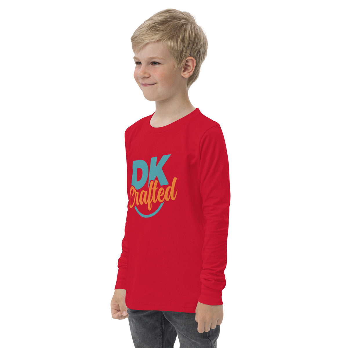 Youth long sleeve tee, Red, left front view