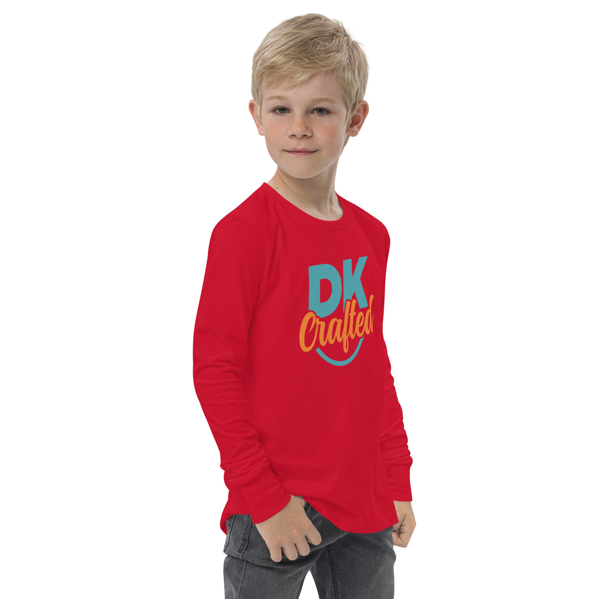 Youth long sleeve tee, Red, right-front view