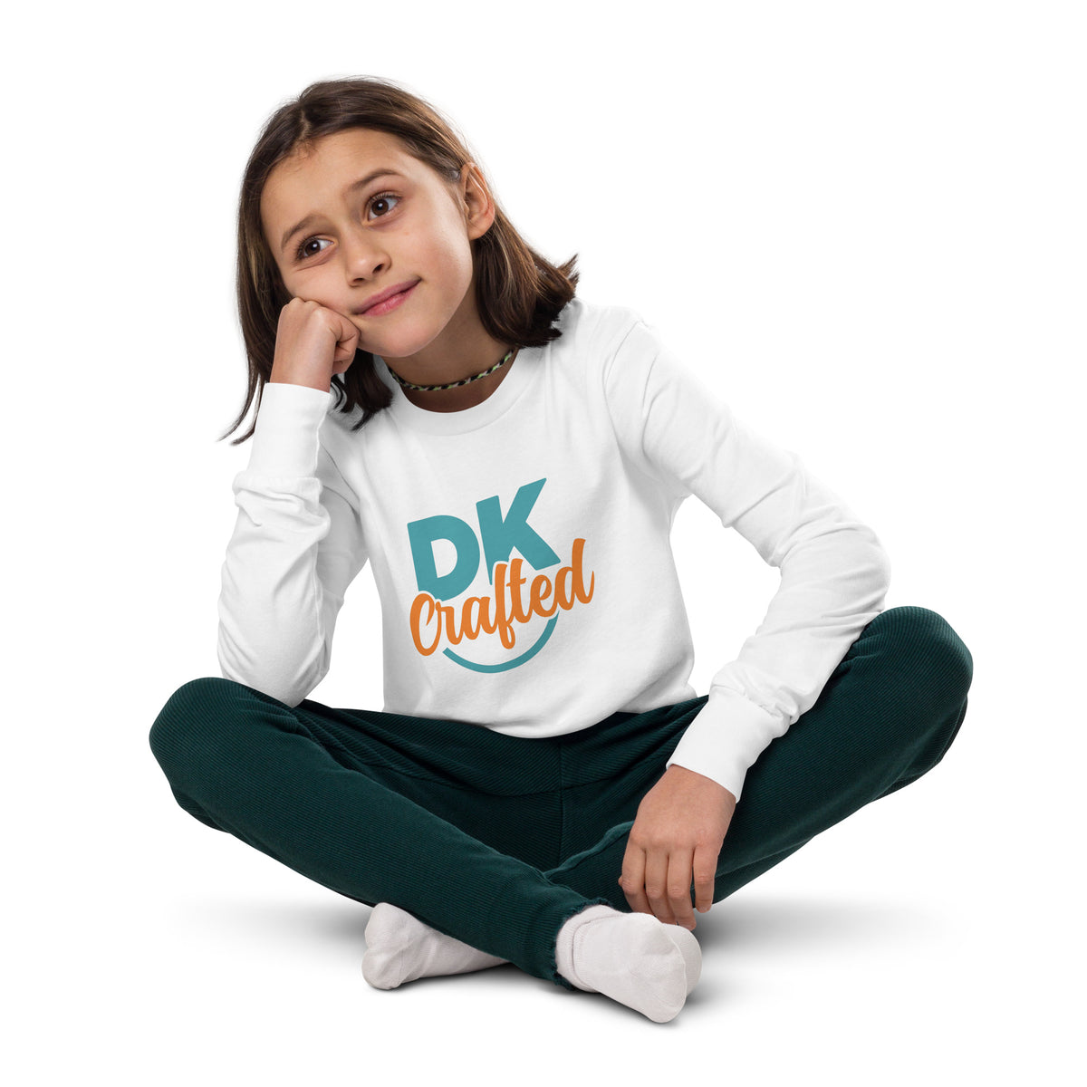 Youth long sleeve tee, White, front view