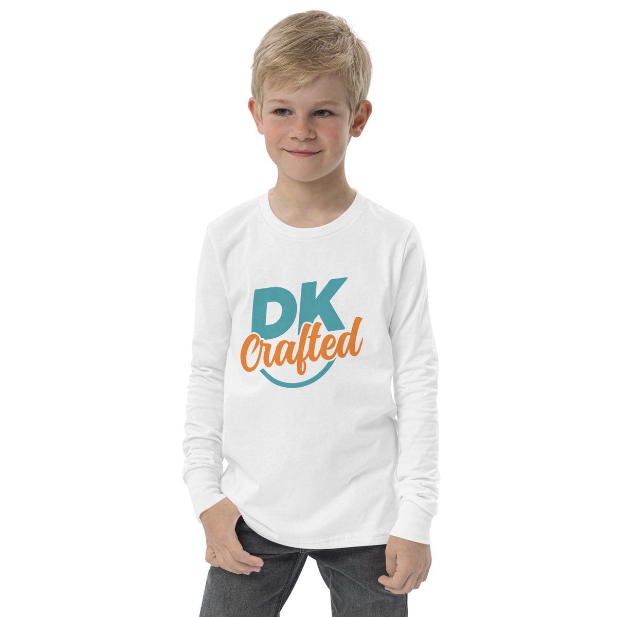 Youth long sleeve tee, White, front view