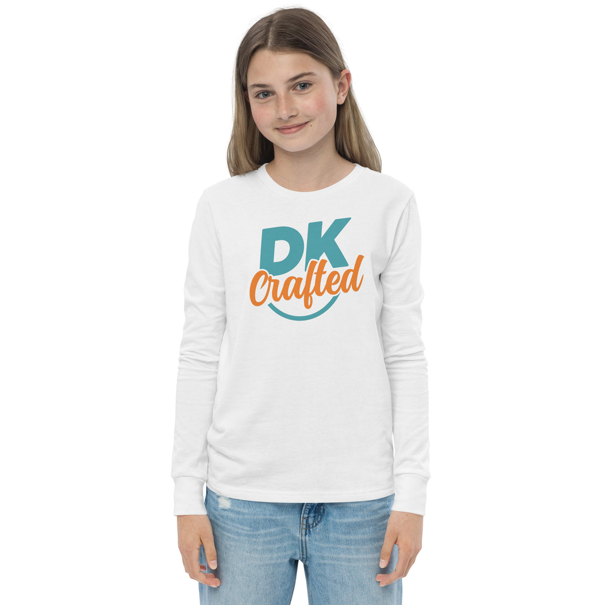 Youth long sleeve tee, White, front view