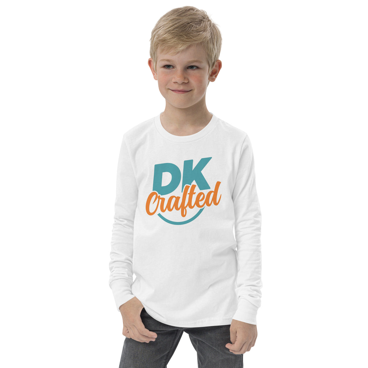 Youth long sleeve tee, White, front view