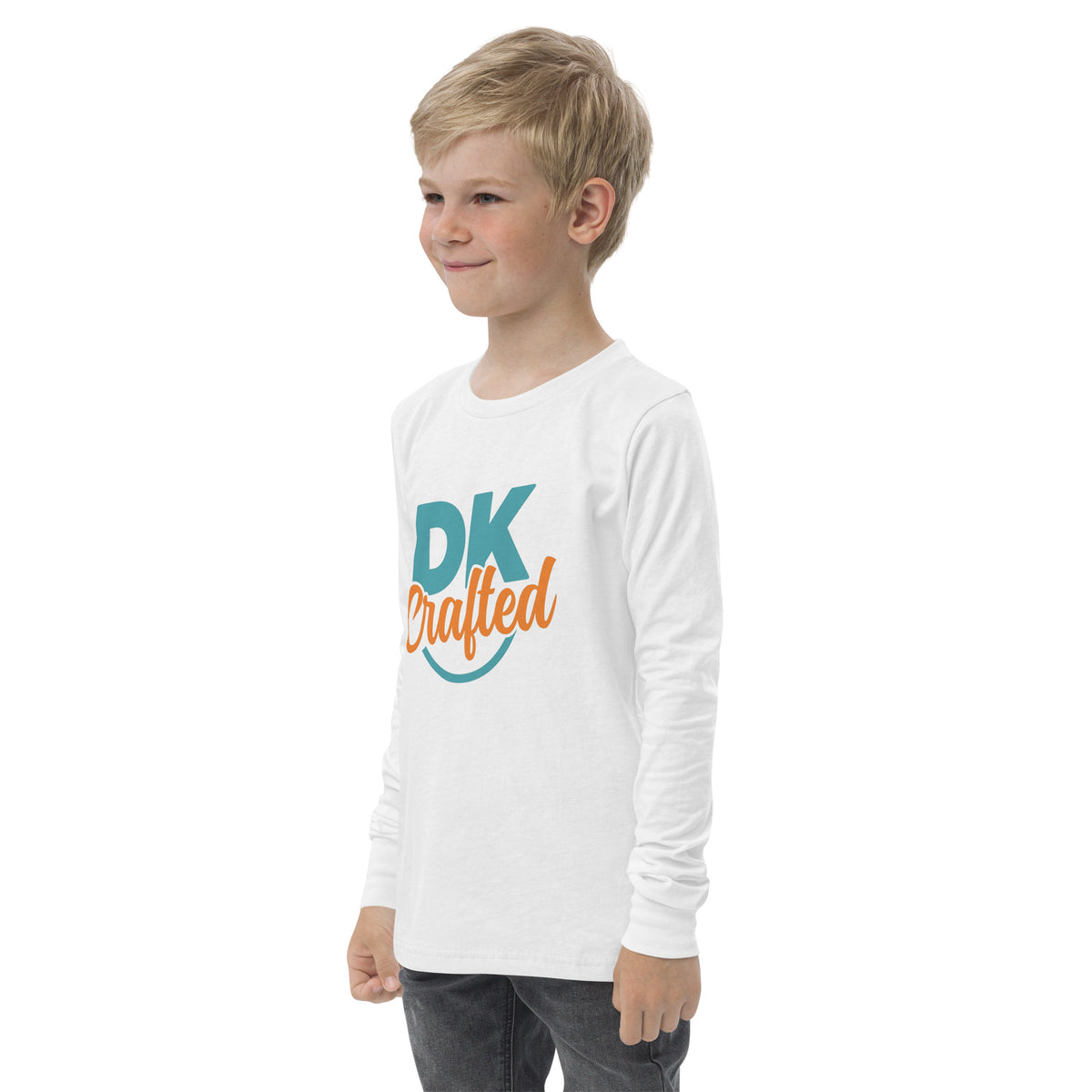 Youth long sleeve tee, White, left front view