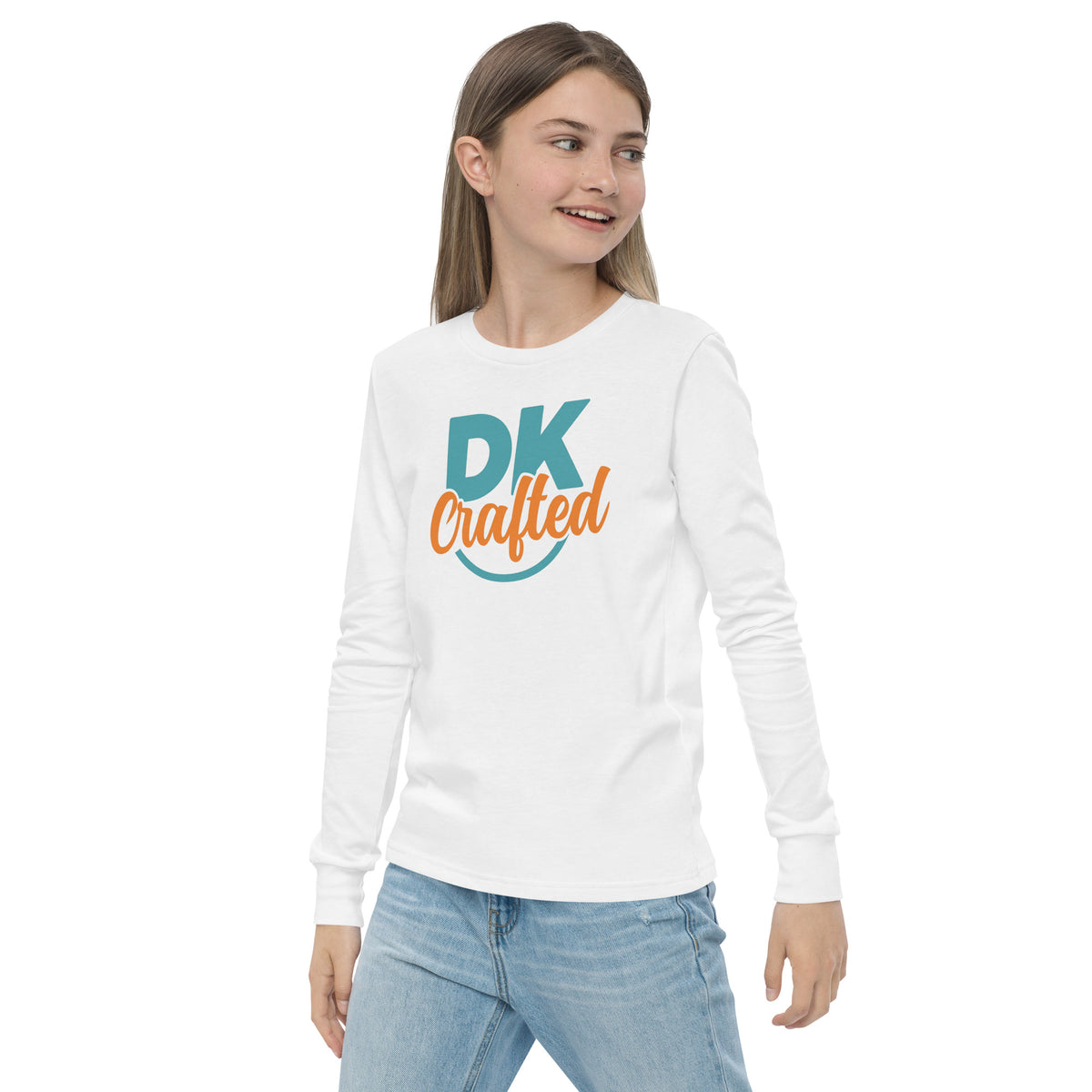 Youth long sleeve tee, White, left-front view