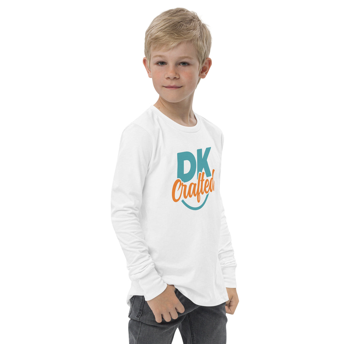 Youth long sleeve tee, White, right-front view
